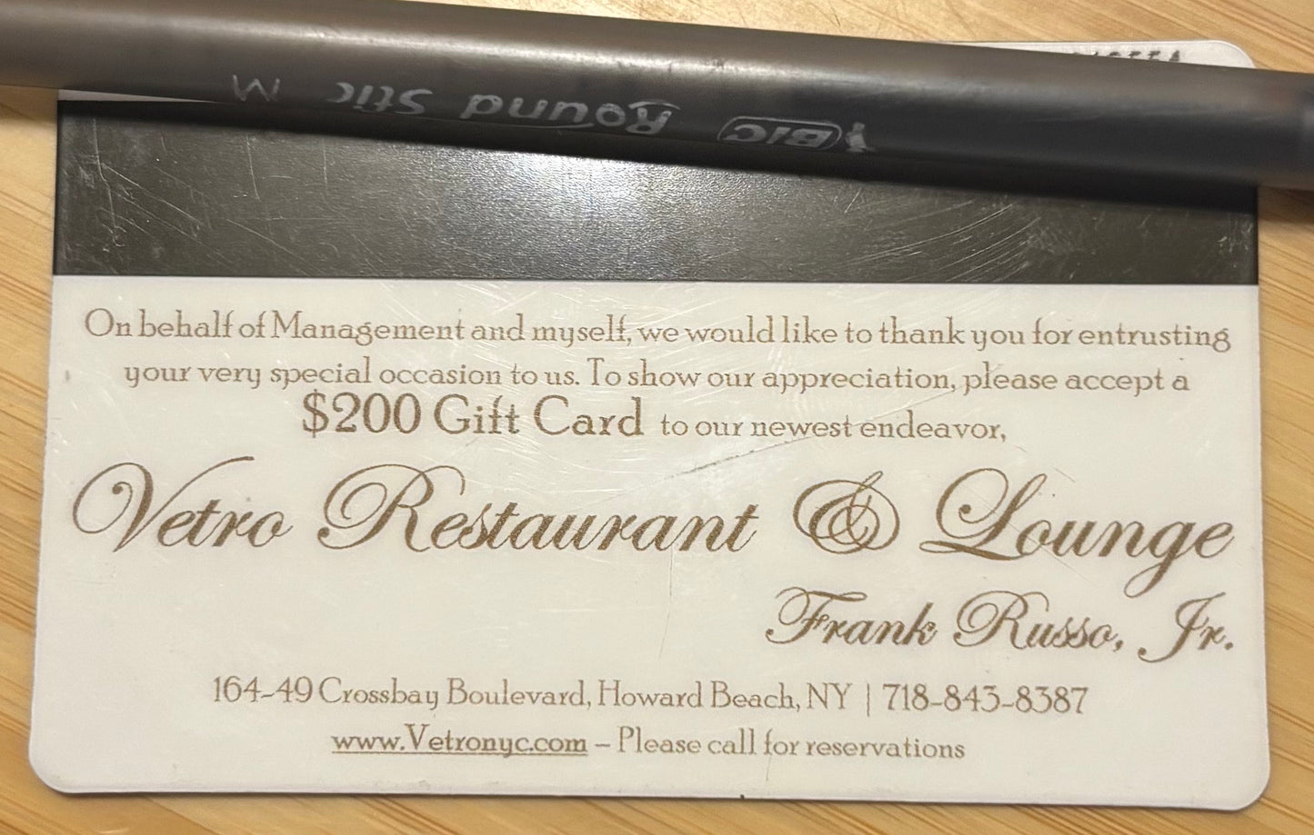 Vetro Restaurant & Lounge Gift Card $200 value! Discounted 30%!