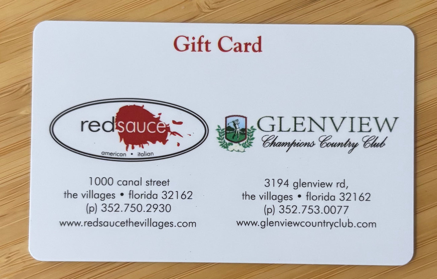 Red Sauce The Village and Glenview Champions Country Club Gift Card Discounted 50%!