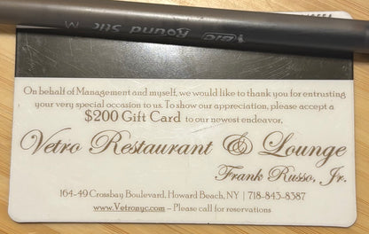 Vetro Restaurant & Lounge Gift Card $200 value! Discounted 30%!
