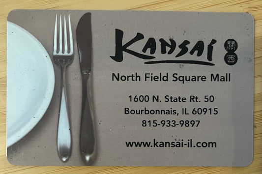 Kansai Restaurant Gift Card $50 value! Discounted 50%!